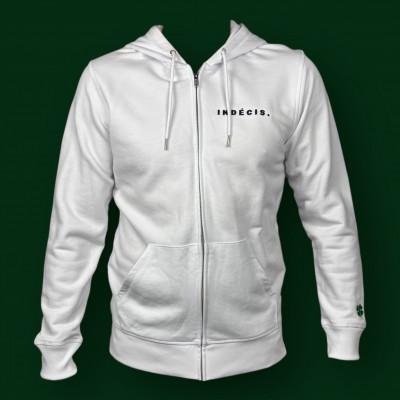 Sweatshirt zippé blanc lifestyle INDÉCIS en coton bio à prix cassé !